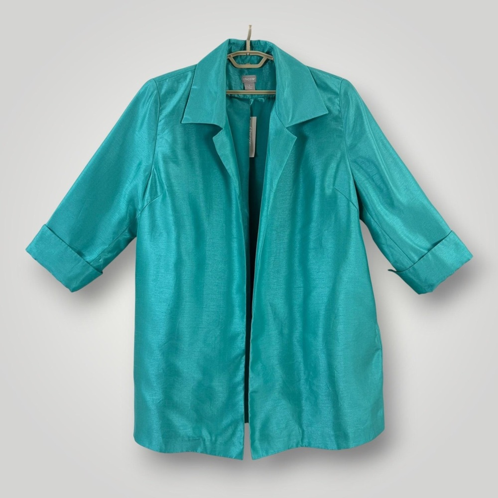 Chico's Shantung Topper Jacket Womens XL Teal Satin Open Front NWT